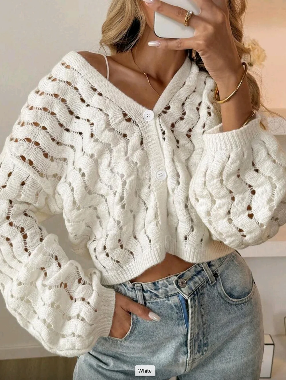 Chunky Open-Knit White Button Cardigan Sweater